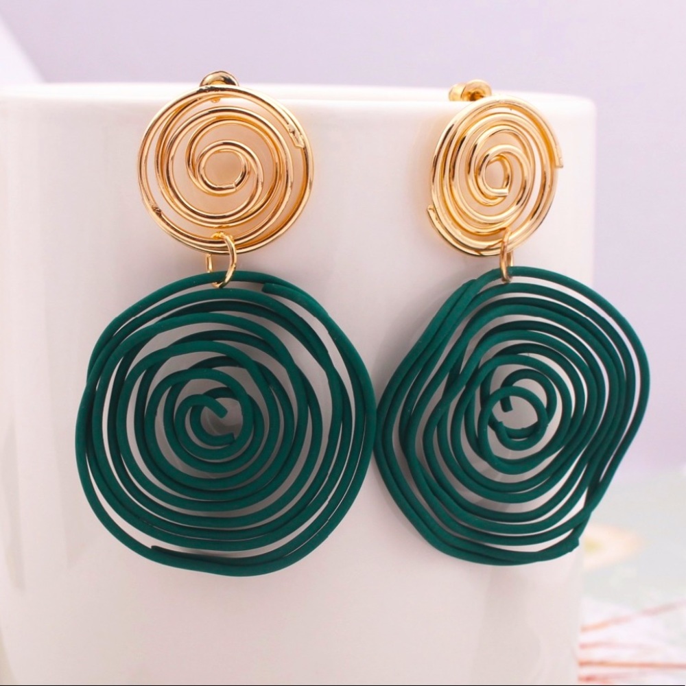 "Kendra" Asymmetrical Retro Hoop Gold Turquoise Abstract Art Geometric Earrings - Picture 5 of 7